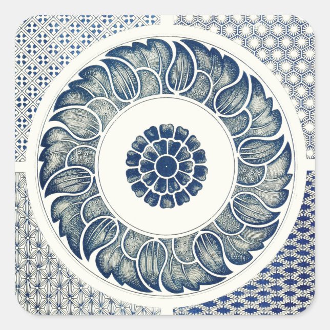 Sticker Carré Médaillon Chinois : Chinoiserie Bleu Indigo (Devant)