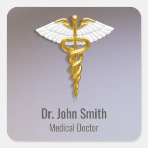 Sticker Carré Médicale Elegant Gold Caduceus ailes blanches