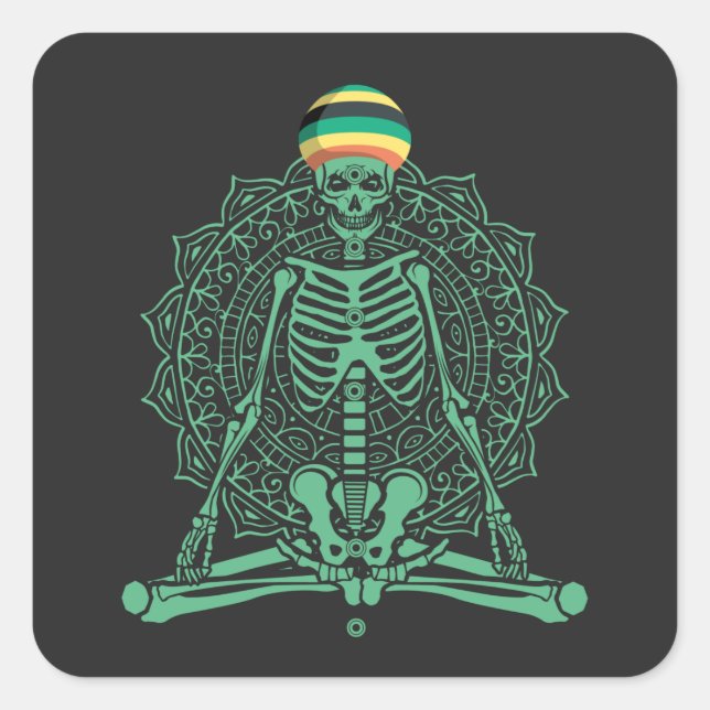 Sticker Carré Méditation squelette jamaïcain Yoga Halloween Yoga (Devant)