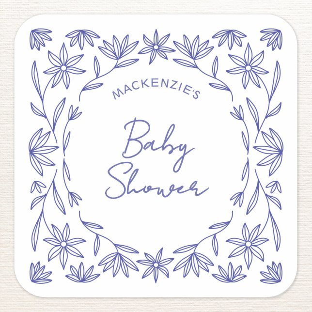 Sticker Carré Mediterranean Blue Wildflower Baby Shower (Mediterranean blue and white wildflower botanical hand drawn personalized baby shower sticker)