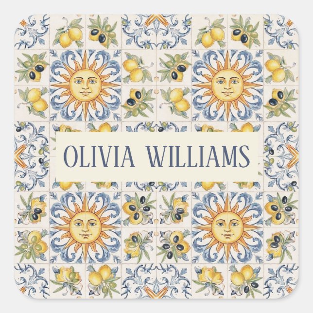 Sticker Carré Mediterranean Lemon Tile Italian Coastal Design (Devant)