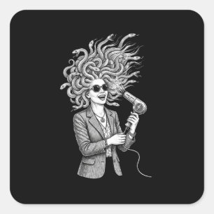 Sticker Carré Méduse Moderne Utilisant un Sèche-Cheveux Humour M