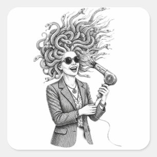 Sticker Carré Méduse moderne utilisant un sèche-cheveux, illustr