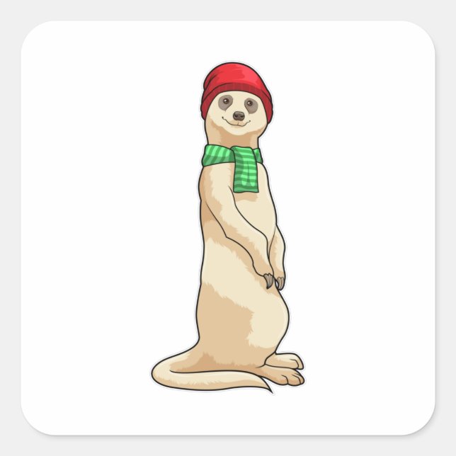 Sticker Carré Meerkat avec Casquette et Écharpe (Devant)