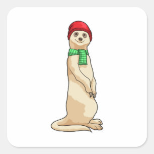 Sticker Carré Meerkat avec Casquette et Écharpe