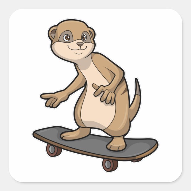 Sticker Carré Meerkat comme Patineur avec Skateboard (Devant)