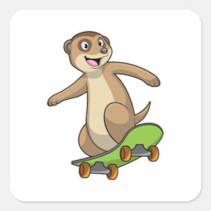 Sticker Carré Meerkat comme Patineur avec Skateboard