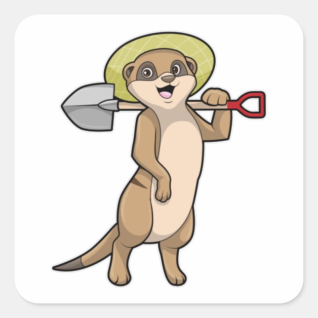 Sticker Carré Meerkat en tant que fermier avec Shovel (Devant)