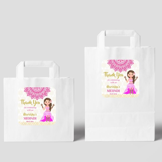 Sticker Carré Mehndi rose magenta mandala Mariée indienne merci (Créateur téléchargé)