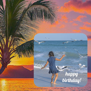 Sticker Carré Meilleur Anniversaire Voeux Blue Water Beach Photo