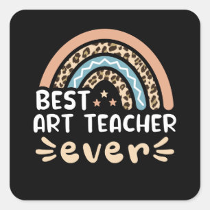 Sticker Carré Meilleure espèce Teacher ever Leopard Rainbow Pois