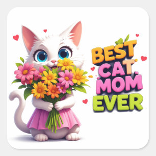 Sticker Carré Meilleure maman de chat Kitty mignonne avec des fl
