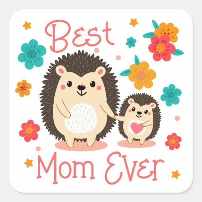 Sticker Carré Meilleure Maman du Monde, Mère et Bébé Hérisson (Devant)