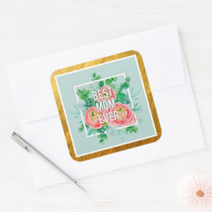 Sticker Carré Meilleure Maman Ever Aquarelle Floral Vert & Or