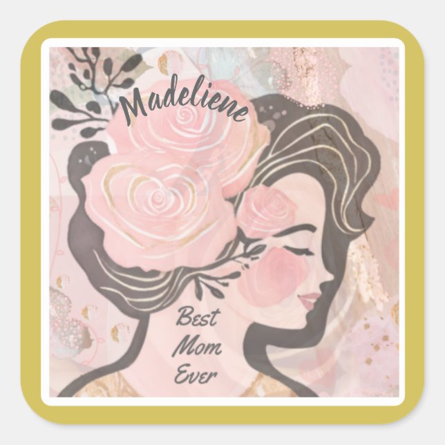 Sticker Carré Meilleure Maman Jamais De Jolies Fleurs Or Nom De  (Devant)