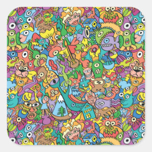 Sticker Carré Mélange de doodles drôles dans un motif de carnava