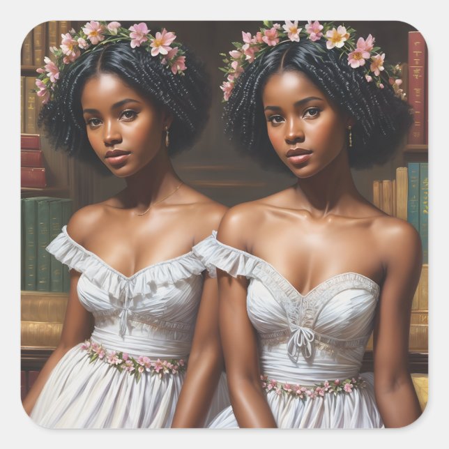 Sticker Carré Melanin Twin Sisters in Library Gemini Art (Devant)