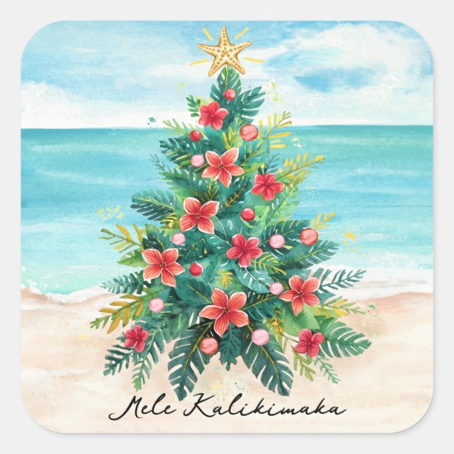 Sticker Carré Mele Kalikimaka Plage Tropical Palme Arbre de Noël (Devant)