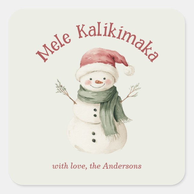 Sticker Carré Mele Kalikimaka Watercolor Cute Snowman Custom (Devant)