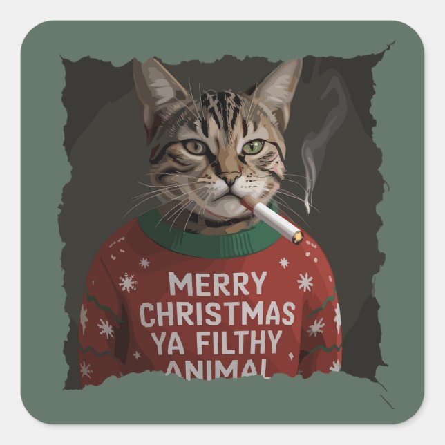 Sticker Carré Mème de Noël drôle de chat qui fume Sarcasm Fête (Devant)