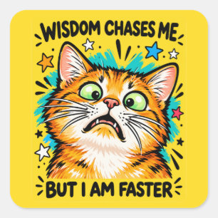 Sticker Carré Mème du chat orange drôle Wisdom Chases Me