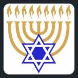 Sticker Carré Menorah et l'étoile de David<br><div class="desc">Ménorah d'or avec étoile bleue de David au fond du centre</div>