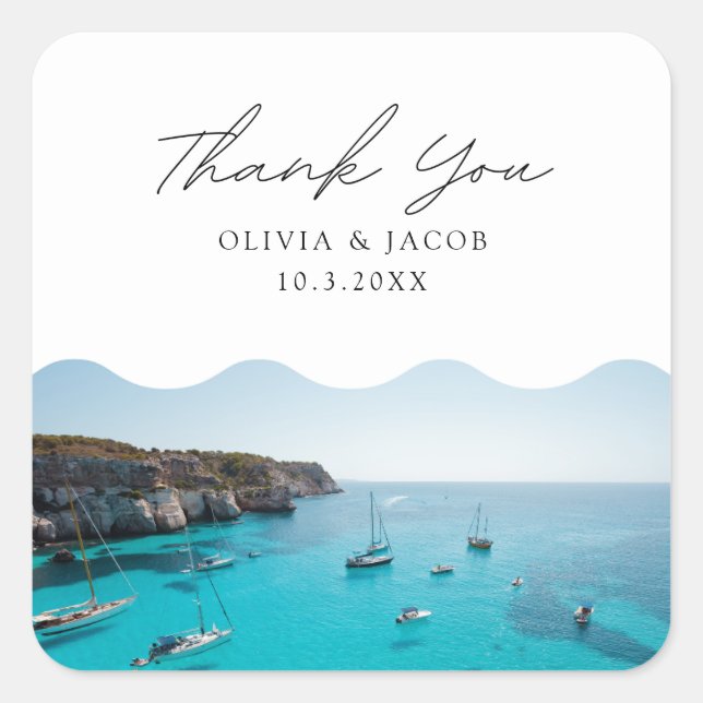 Sticker Carré Menorca Espagne Photo Mariage Favor Merci (Devant)
