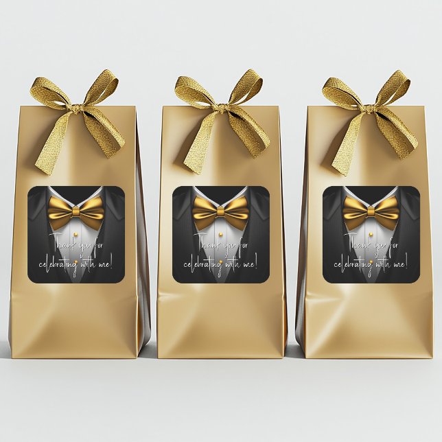 Sticker Carré Mens Black Gold Tuxedo fête d'anniversaire (Mens black gold birthday party and any event tuxedo stickers. Add your text to personalize. 2 sizes.)