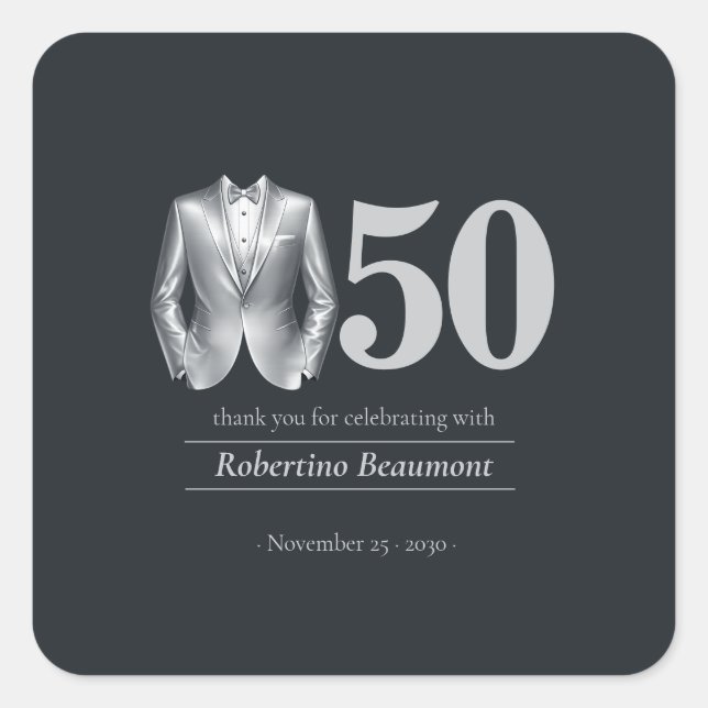 Sticker Carré Men's Elegant Tuxedo Silver Black 50th Birthday (Devant)