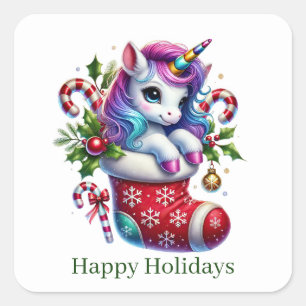 Sticker Carré Menthe poivrée de Noël festive unicorne personnali