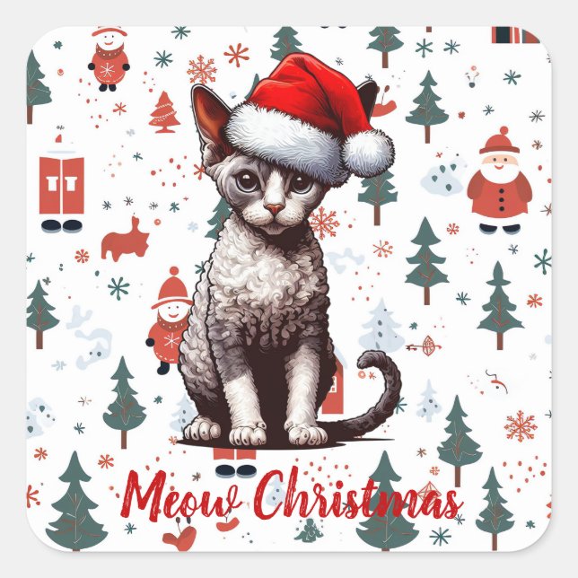 Sticker Carré Meow Christmas Devon Rex Cat, Noël Père Noël Kitte (Devant)