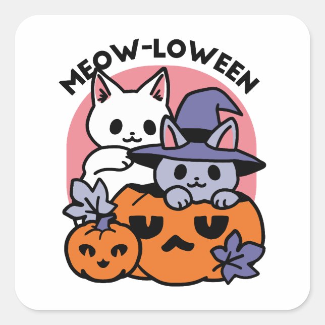 Sticker Carré Meow-Loween - Cute Halloween Conception Chat (Devant)