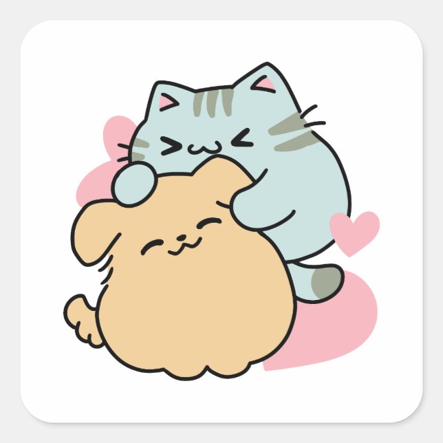 Sticker Carré Meow & Woof Perfect Together - Cute Cat and Dog (Devant)
