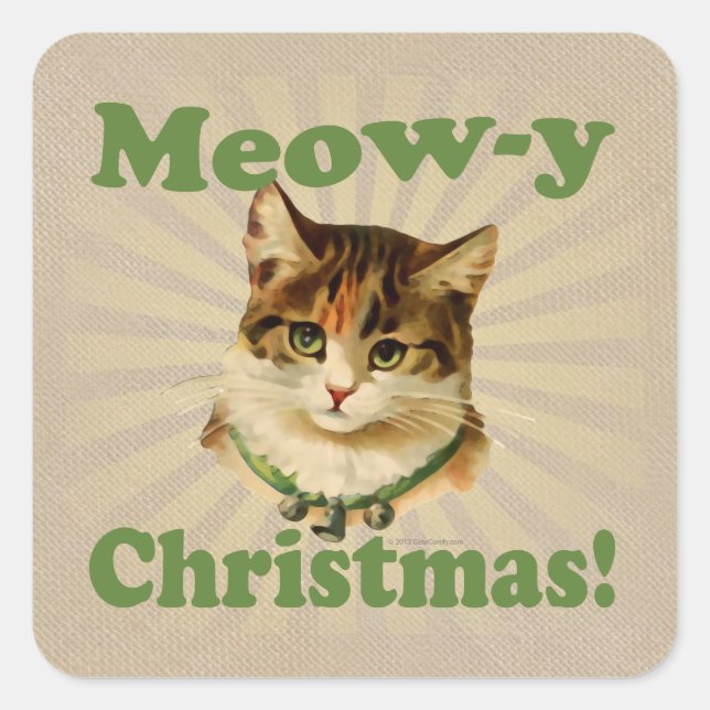 Sticker Carré Meow-y Christmas, Cute Holiday Cat Animal (Devant)
