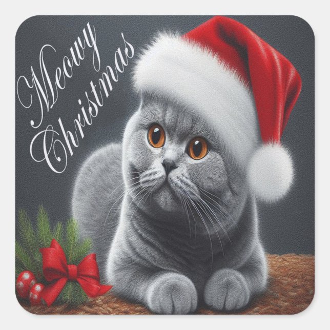 Sticker Carré MeowChristmas British Shorthair Père Noël Cat (Devant)