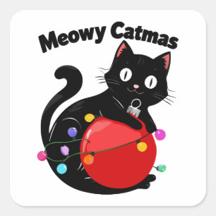 Sticker Carré Meowy Catmas - Chat avec ornement de Noël
