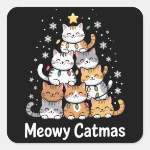 Sticker Carré Meowy Catmas Chat Noël Arbre de Noël Xmas Santa 