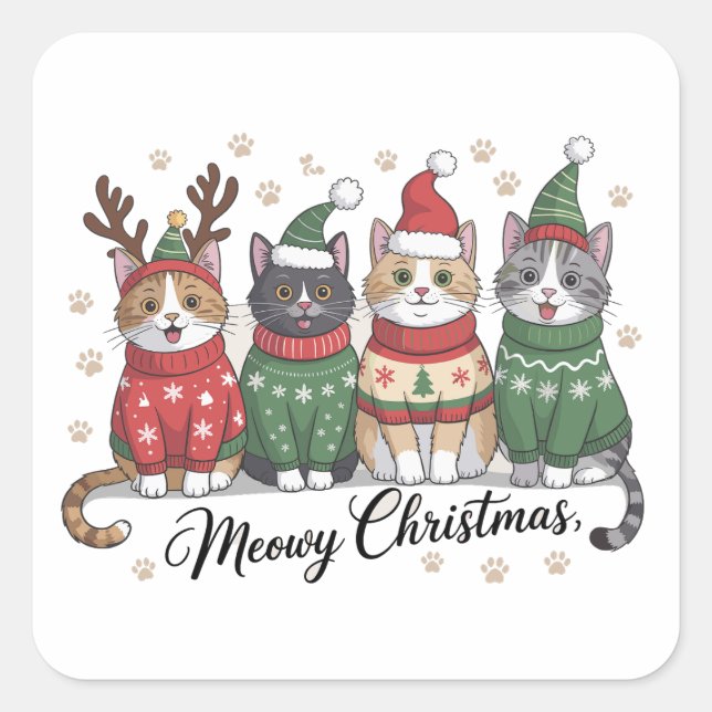 Sticker Carré Meowy Christmas Chat Cute Chats avec Casquette du  (Devant)