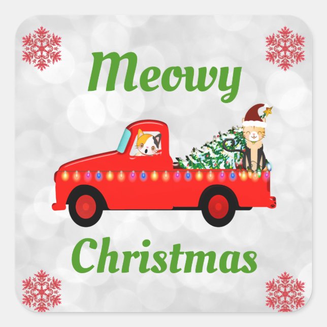 Sticker Carré Meowy Christmas Cute Chat Camion Rouge (Devant)