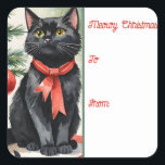 Sticker Carré Meowy Christmas Kitten avec un arc Holiday Gift Ta<br><div class="desc">Album cadeau à et de Sticker Ce design charmant présente une délicieuse aquarelle illustrant un adorable chaton noir aux yeux jaunes captivants,  portant un arc rouge festif,  niché à côté d'un sapin de Noël joliment décoré,  orné d'ampoules vintages.</div>