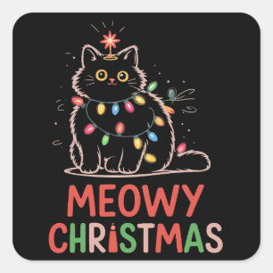 Sticker Carré Meowy Noël Xmas Lumières Pyjama Chat Noir