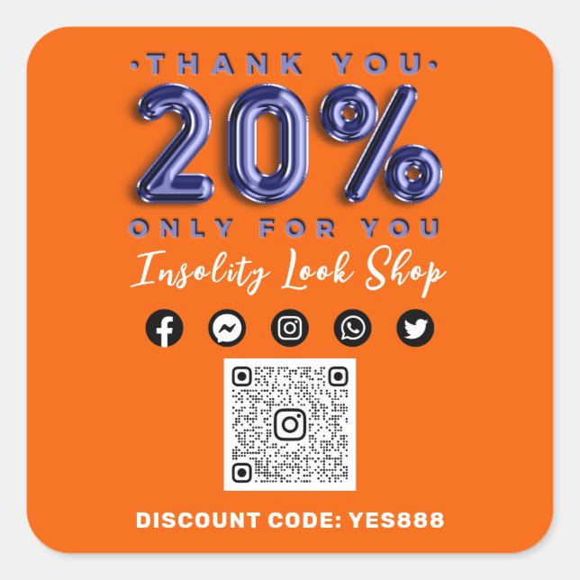 Sticker Carré Merci 20% de réduction sur QR CODE Logo Remise Ble (Devant)