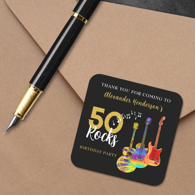 Sticker Carré Merci 50e anniversaire Guitar Rocks 50 (Rock and roll 50th birthday thank you sticker funky guitars cool gold typography on black)