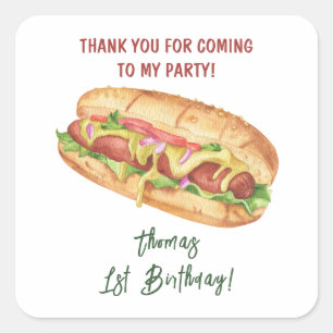 Sticker Carré Merci Anniversaire de enfant Hot Dog Watercolor