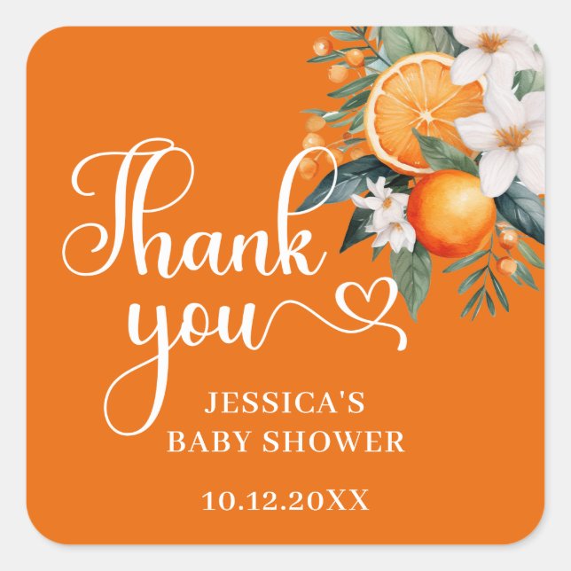 Sticker Carré Merci Baby shower orange Favoriser Classic Round (Devant)