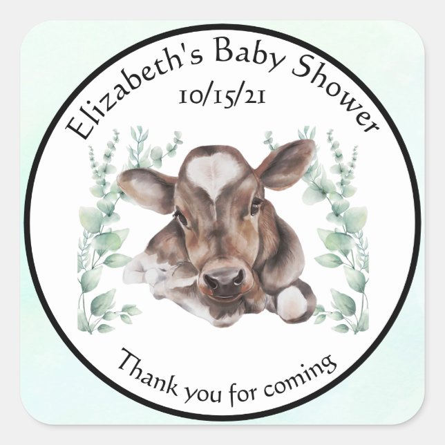 Sticker Carré Merci Baby shower Veau de vache Eucalyptus (Devant)