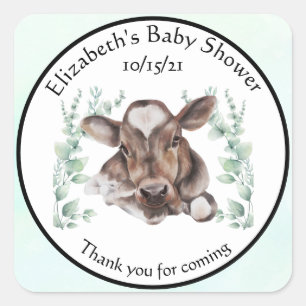 Sticker Carré Merci Baby shower Veau de vache Eucalyptus