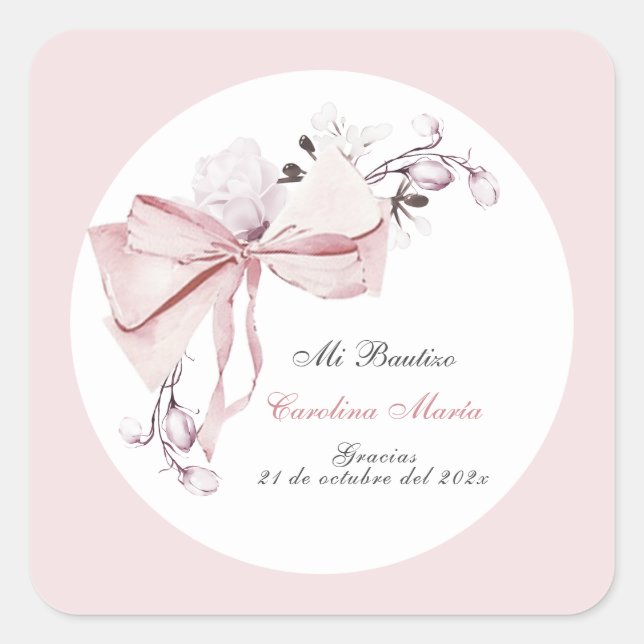 Sticker Carré Merci Baptême Fille (Devant)