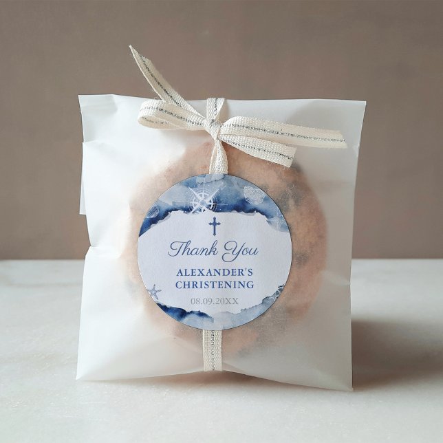 Sticker Carré Merci Baptême Nautique Bleu Marine Avec Croix (Nautical Christening or Baptism favor thank you sticker with Holy Cross)
