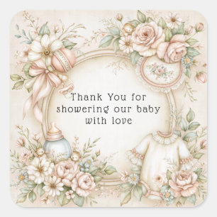 Sticker Carré Merci Bébé Fille Roses Roses Biberon Bib